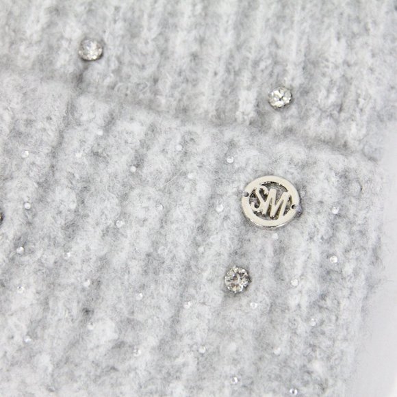 Steve Madden Beanie NEW Women Winter Hat Pom Pom Rhinestones Ribbed Knit - Picture 2 of 8
